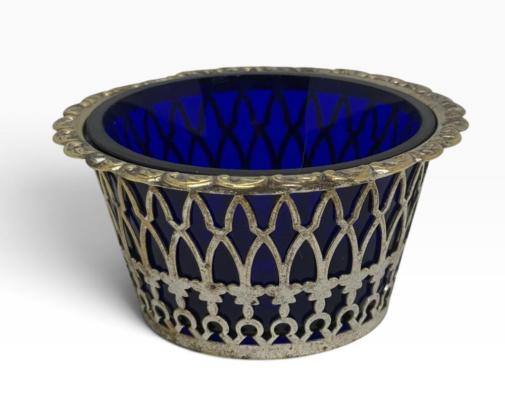 Mid 20th Century Cobalt Blue Silver Plate Filigree Condiment Bowl